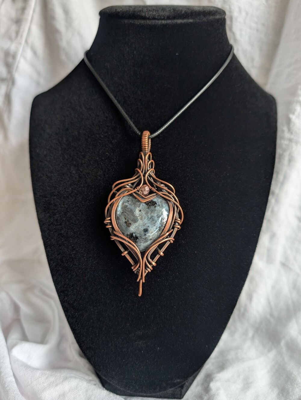 Handmade Copper Wire Wrapped Larvikite Heart Pendant Necklace